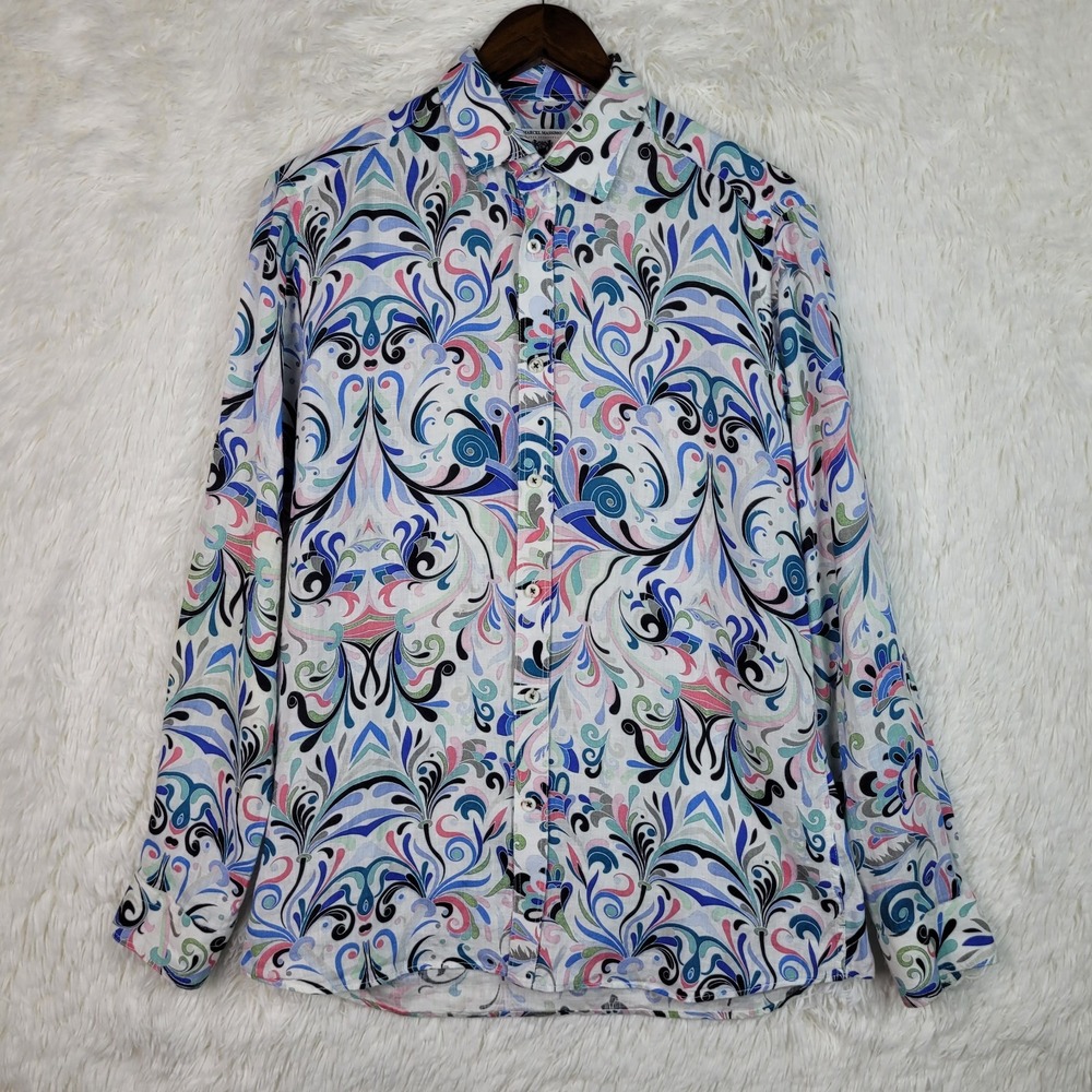 Marcel Massimo Mens M 100% Linen Multi Color Paisley Roll Tab Shirt Fesival